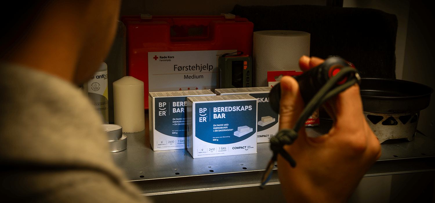 Mann lyser md lommelykt på beredskaps produkter