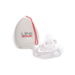 Lommemaske for hjerte-lungeredning med O2-adapter, filter og stropp.